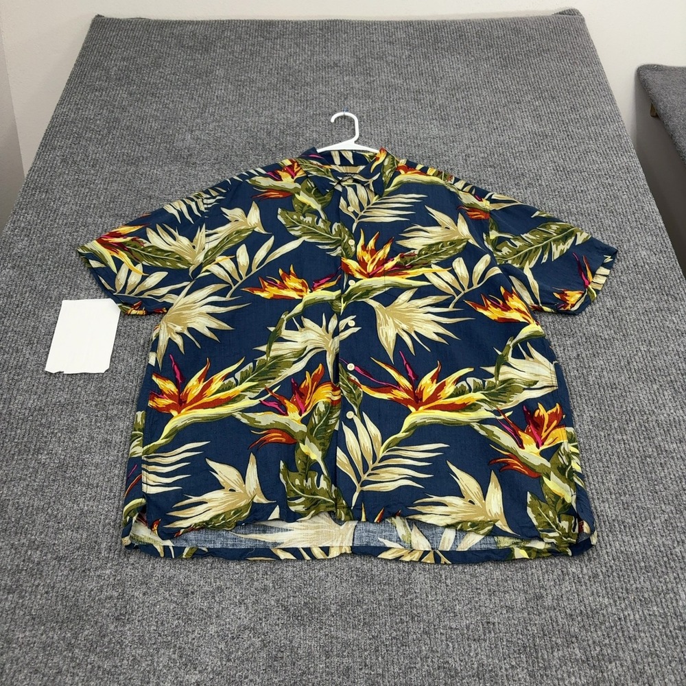 Nautica Shirt Mens XL Blue Linen Blend Floral Bird of Paradise Tropical Beach